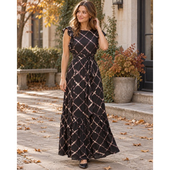 The Odells Dresses & Skirts - The Odells Seville Ruffle Maxi Dress Tie Belt Pockets Black Small Chic Party
